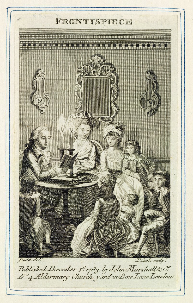 En far læser for sin familie ved stearinlys, graveret af Thomas Cook (1744-1818) frontispice til en bog udgivet af John Marshall und Co., 1783. af Daniel Dodd