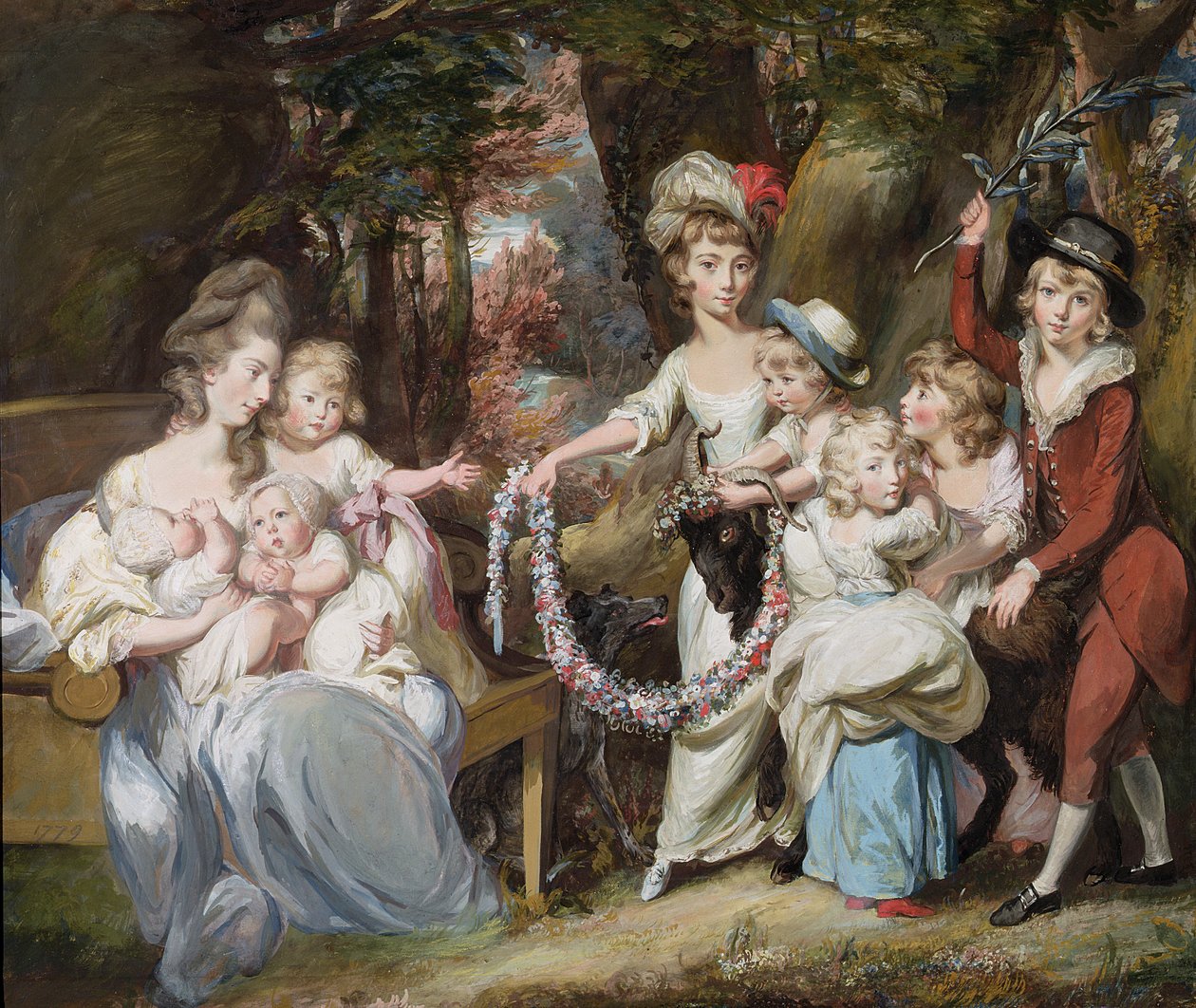 Fru Justinian Casamajor og otte af hendes børn, 1779 (gouache, pastel og olie på lagt papir lagt på linned) af Daniel Gardner
