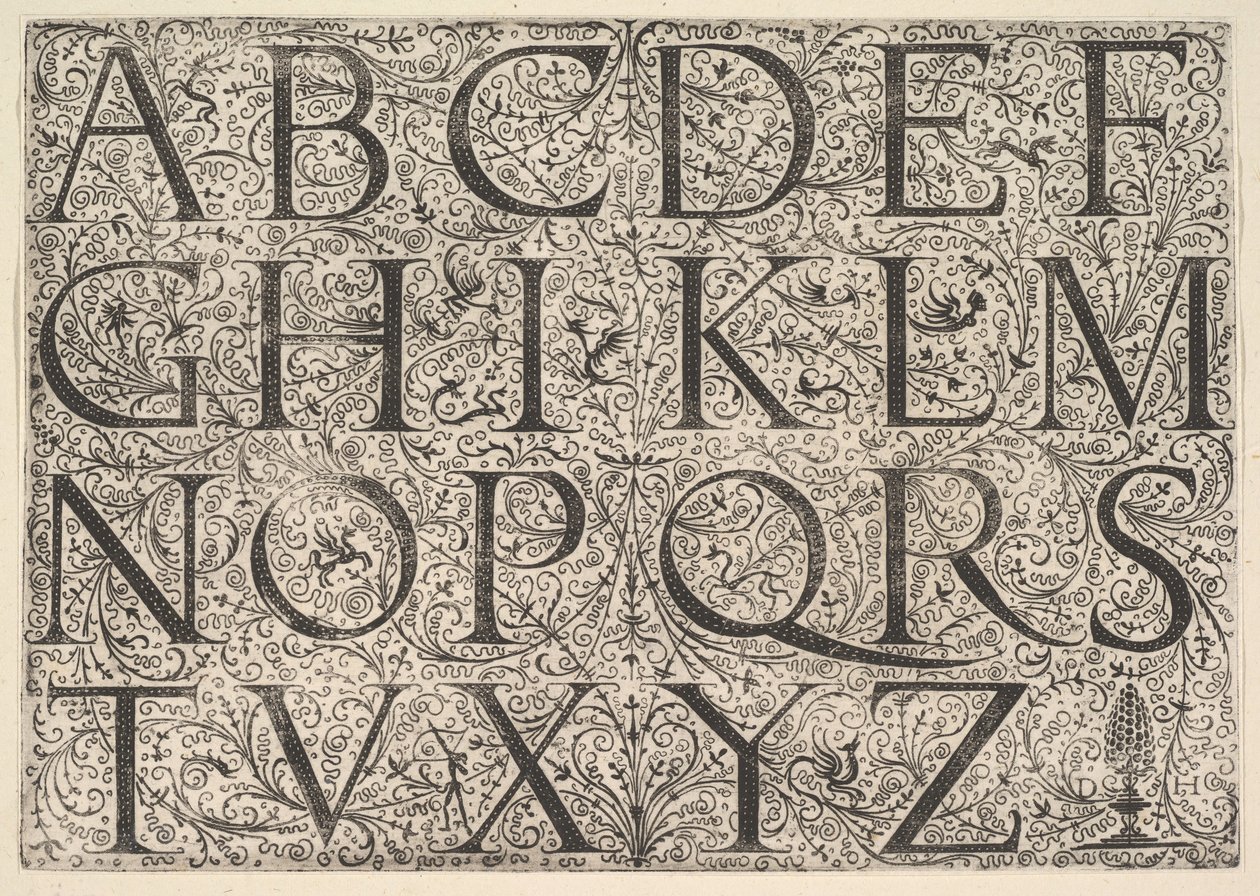 Romersk alfabet med store bogstaver, ca. 1520. af Daniel Hopfer