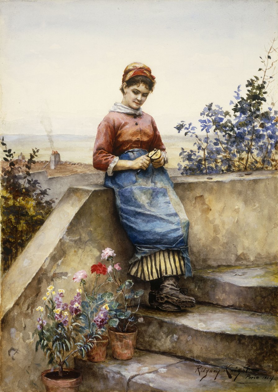 Skræller et æble, 1884 af Daniel Ridgway Knight