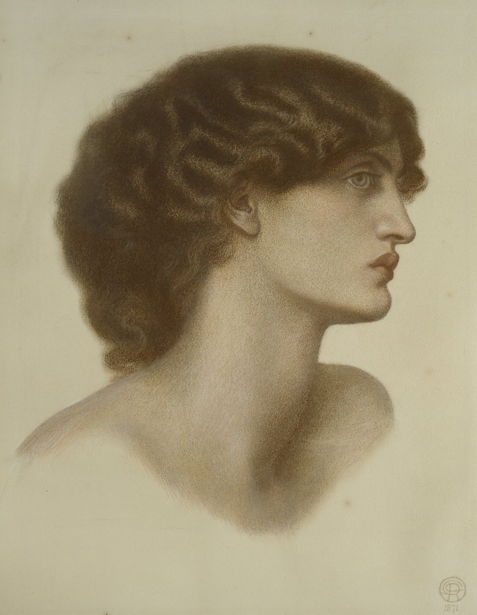 Perlascura, 1871 (rødt og brunt kridt forhøjet med hvidt, på lysegrønt papir) af Dante Gabriel Charles Rossetti