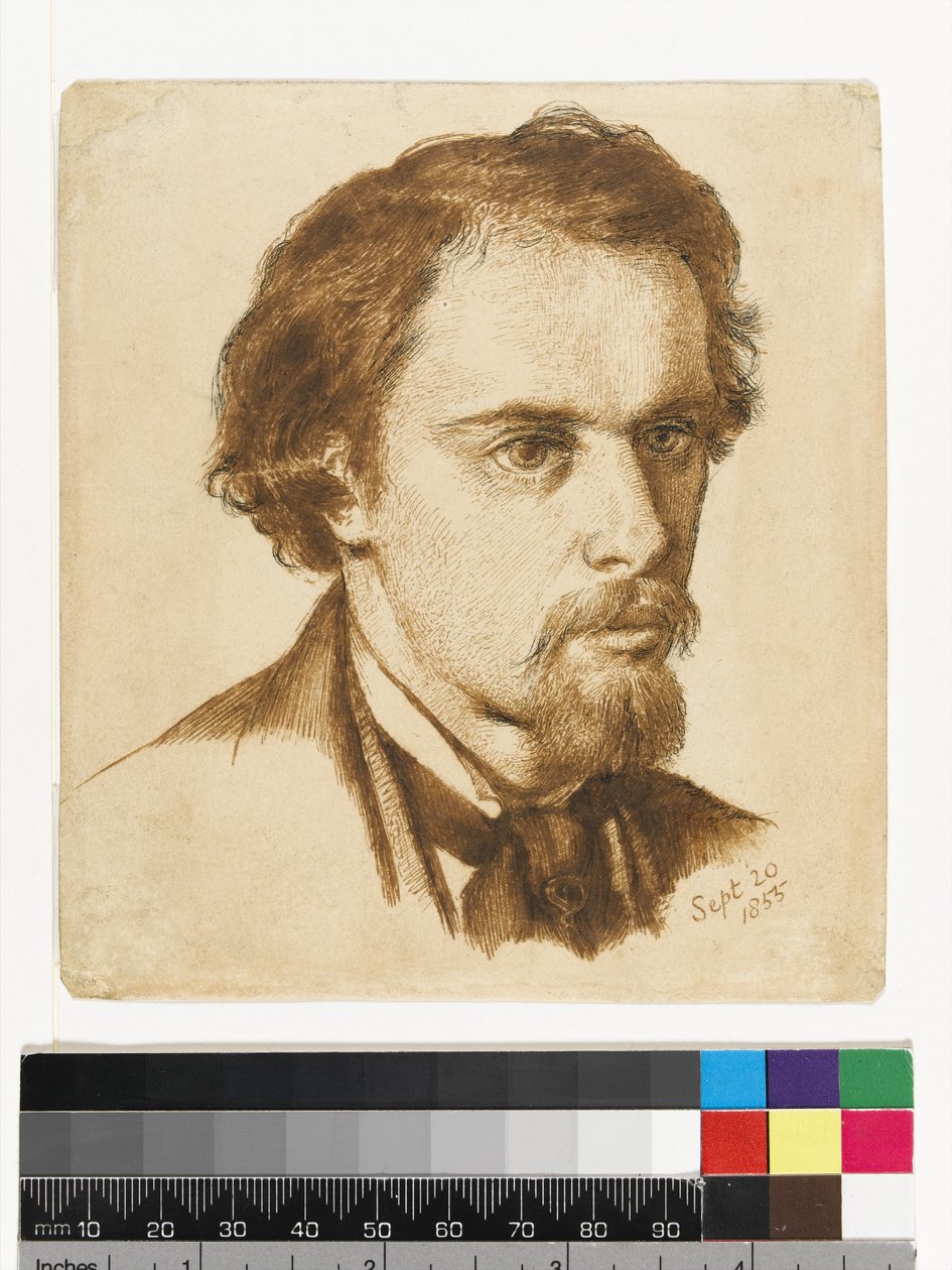 Selvportræt, 1855 (pen og indisk blæk og brunt blæk på papir) af Dante Gabriel Charles Rossetti