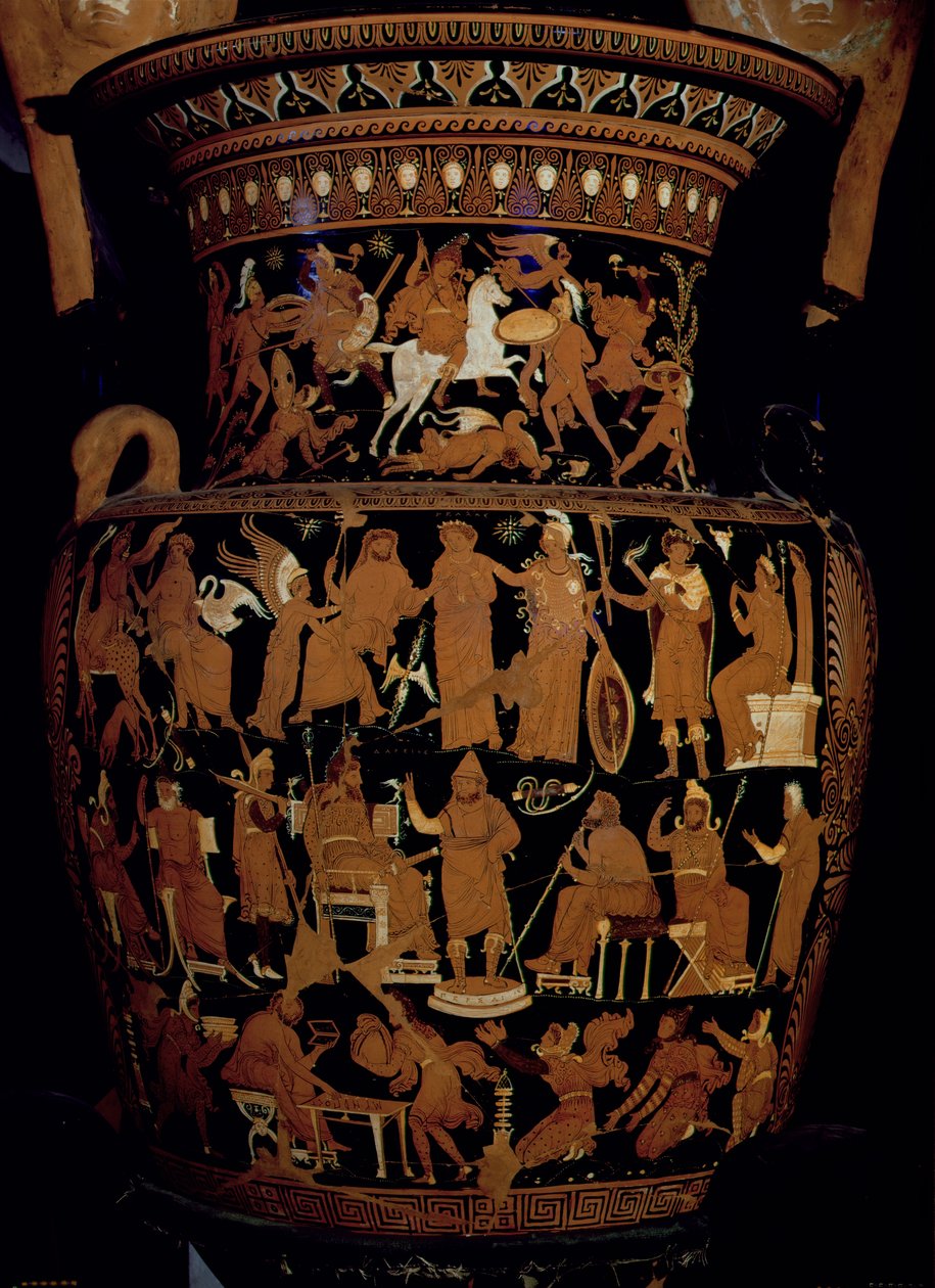 Apuliens rød-figur volut-krater dekoreret med scener af en persisk konge og hans rådgivere, der lytter til en budbringer, en personificering af Grækenland og Asien foran Zeus og kejserens undersåtter før en af Darius Painter
