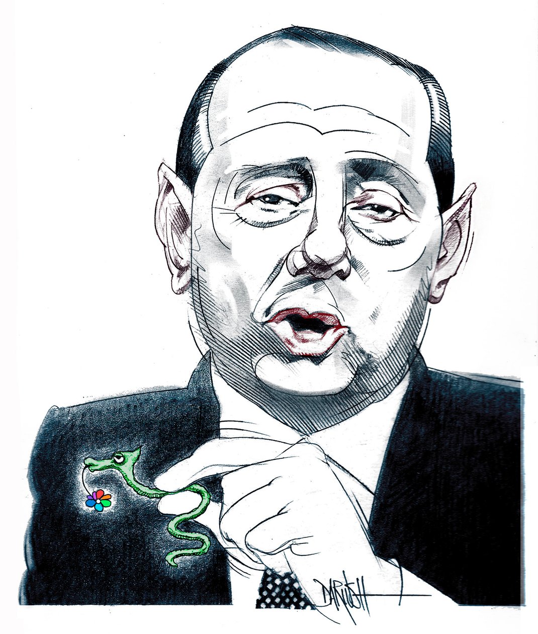 Silvio Berlusconi, 2024 (digital farveblyantstegning) af Dariush Radpour