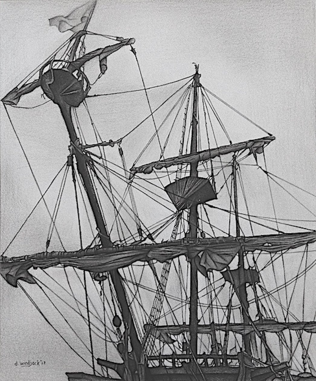 Ghostly Galleon, 2017 (blyant, blæk på papir) af Darrell Windjack
