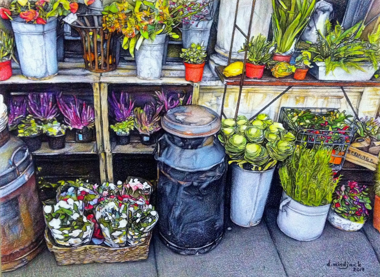 The Flower Stand, 2018 (blyant på papir) af Darrell Windjack