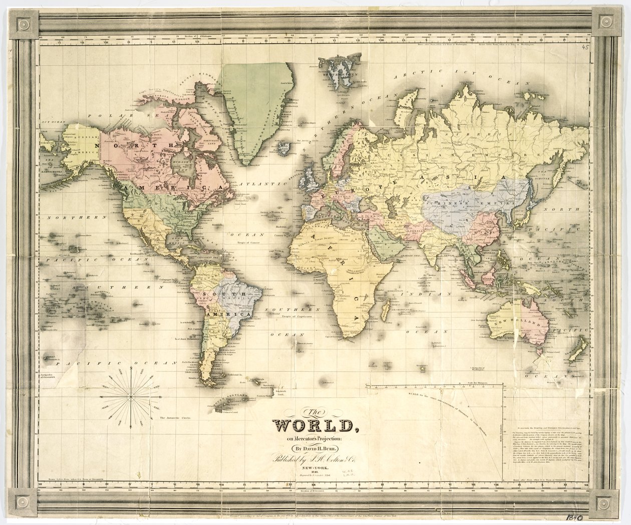 Verden på Mercators projektion, 1840 (håndfarvet tryk) af David Burr