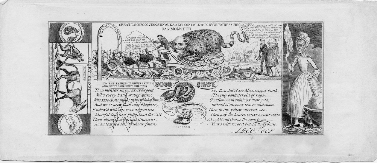 Fantastisk locofoco juggernaut: et nyt konsol-a-tory sub-skatkammer kludemonster, ca. 1837 (kobbergravering) af David Claypoole Johnston