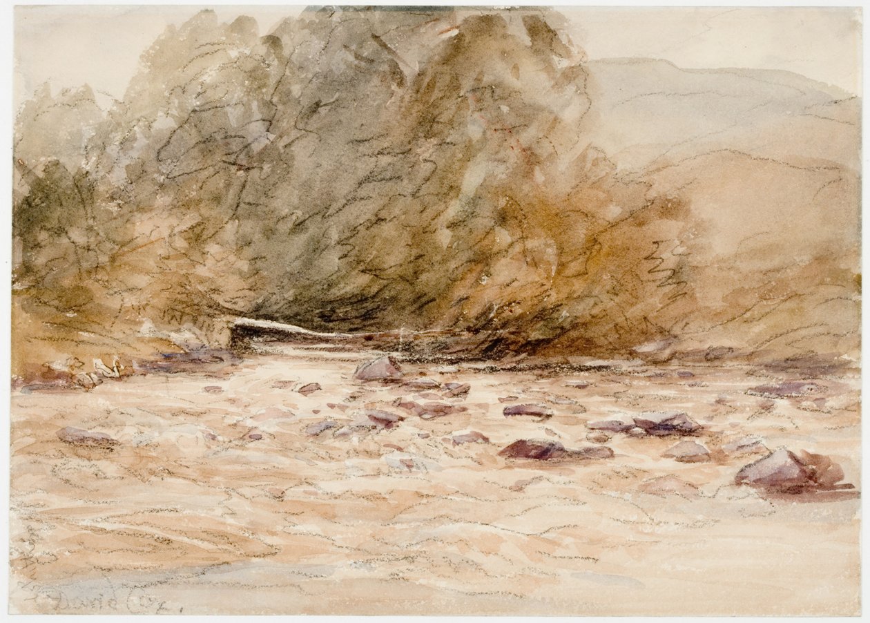 En bjergrig strøm (kul og akvarel på papir (klæbet på papir)) af David Cox