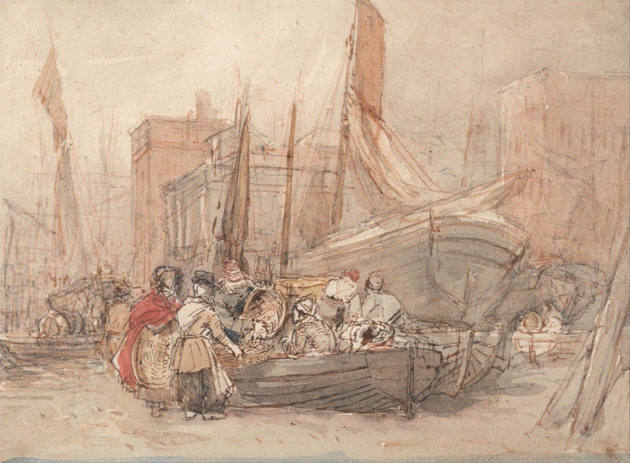 Havnescene, hvor fiskerbåde læsses af af David Cox