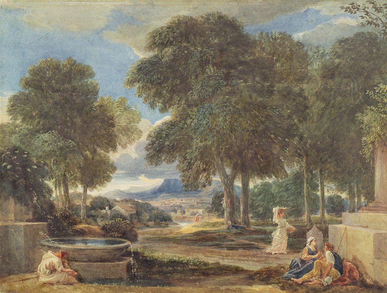 Landskab med en mand, der vasker sine fødder ved et springvand, efter Nicolas Poussin (1594-1665) af David Cox