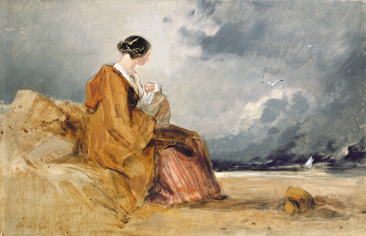 Mor og barn på en strand af David Cox