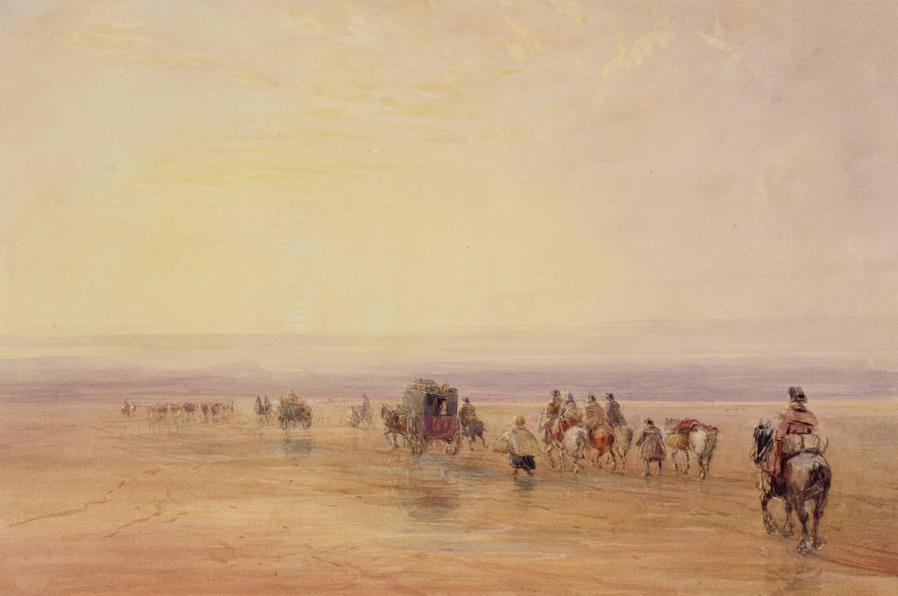 On Lancaster Sands, Sunset (Crossing Lancaster Sands) c.1835 (wc og kropsfarve over grafit på papir) af David Cox