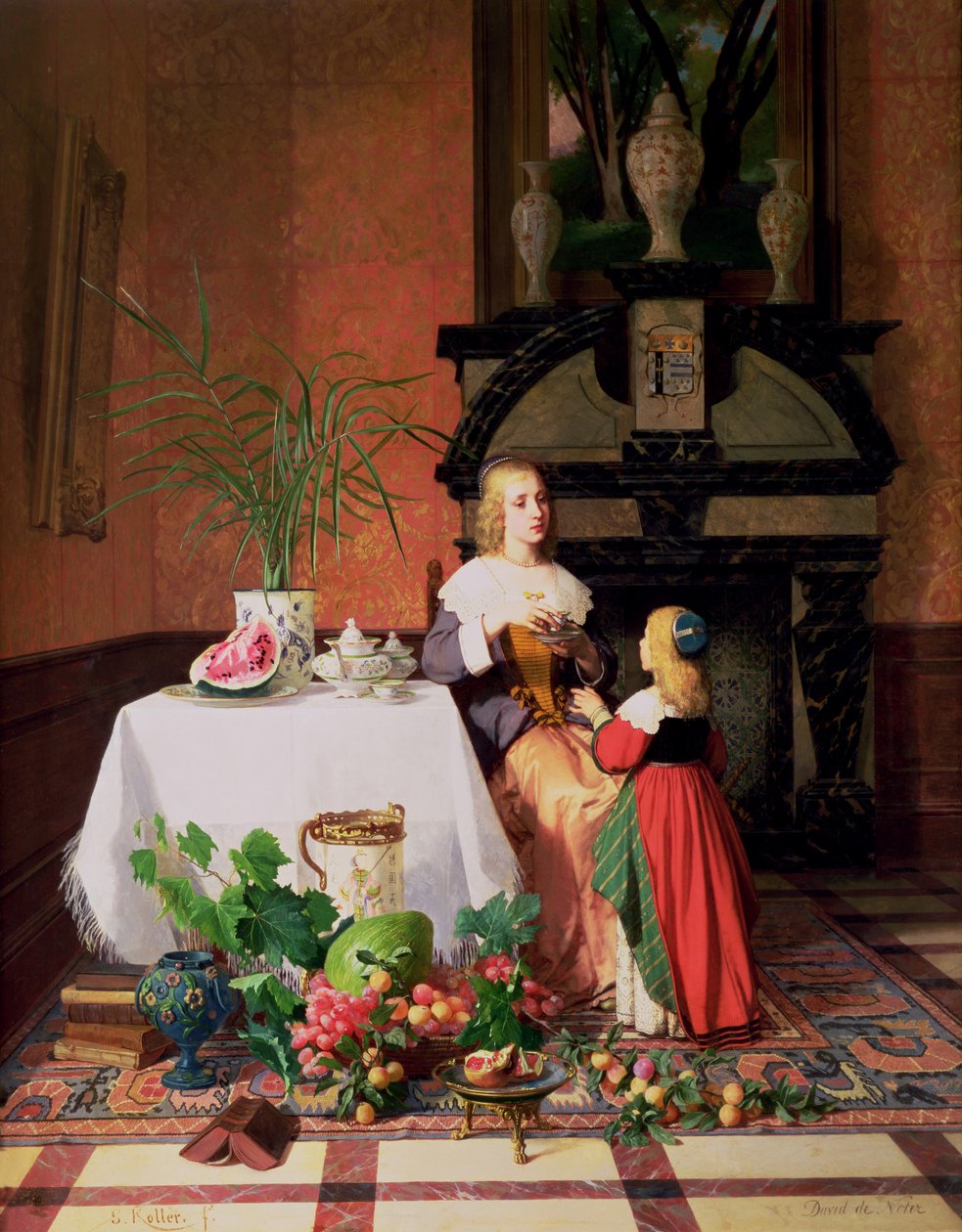 Interiør med figurer og frugt (olie) af David Emil Joseph de Noter