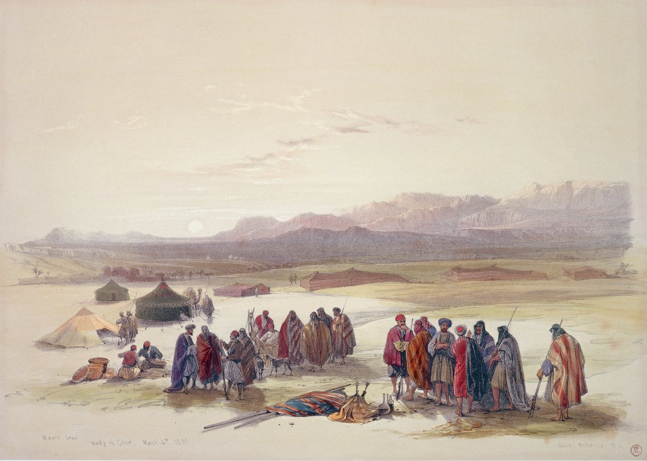 Alloeens lejr i Wady Araba (håndfarvet litho) af David Roberts