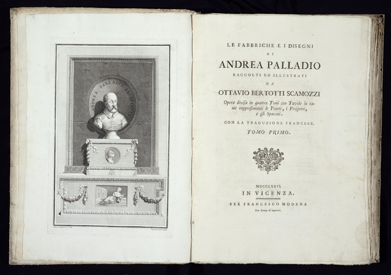 Titelside på Andrea Palladios fabrikker og tegninger med et portræt af arkitekten, indgraveret af Simon Francis Ravenet (1737-1821) udgivet 1776 af David Rossi