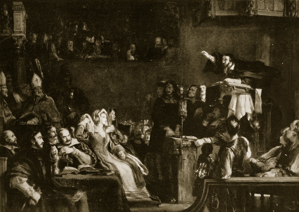 John Knox prædiker for Lords of Congregation i Cathedral of St. Andrews, 1559, illustration fra 