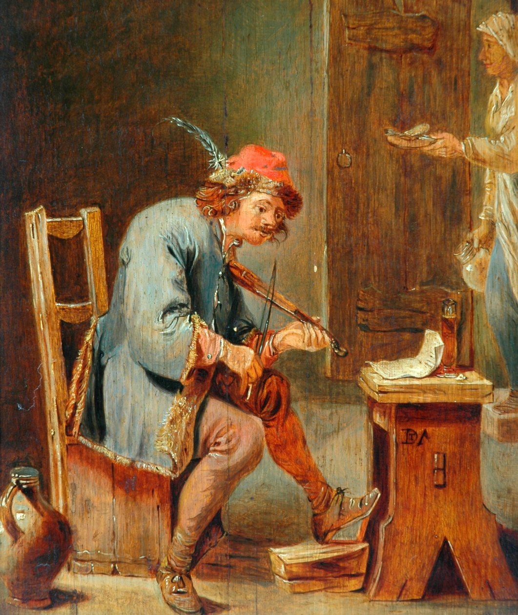 Mand der spiller på en violin, 1800-50 (olie på træpanel) af David Teniers the Younger