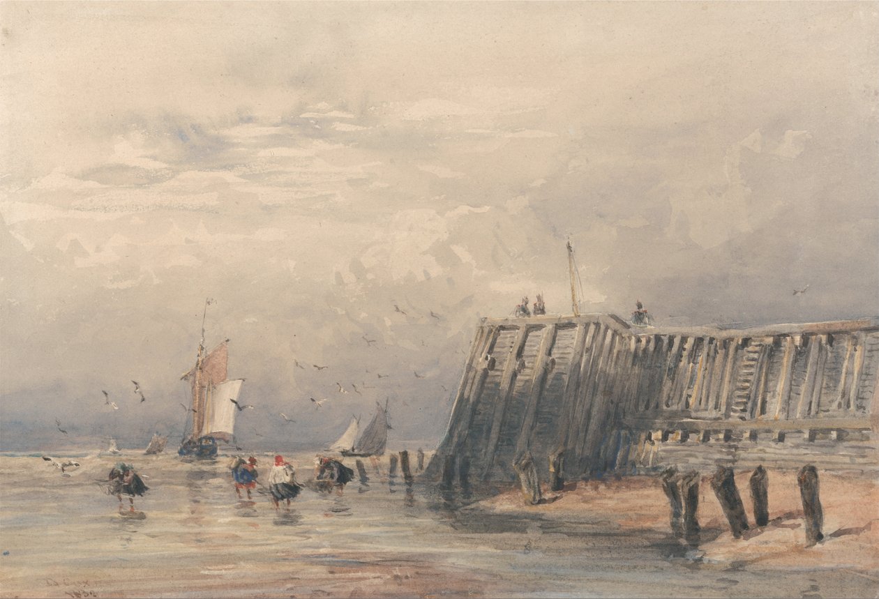 Sejlende pramme og rejekuttere fra en mole af David Cox