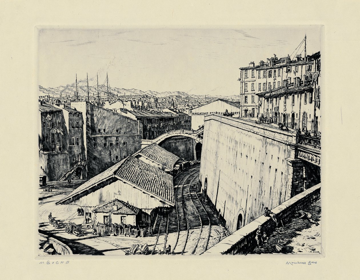Jernbaneskure, Marseilles af David Muirhead Bone