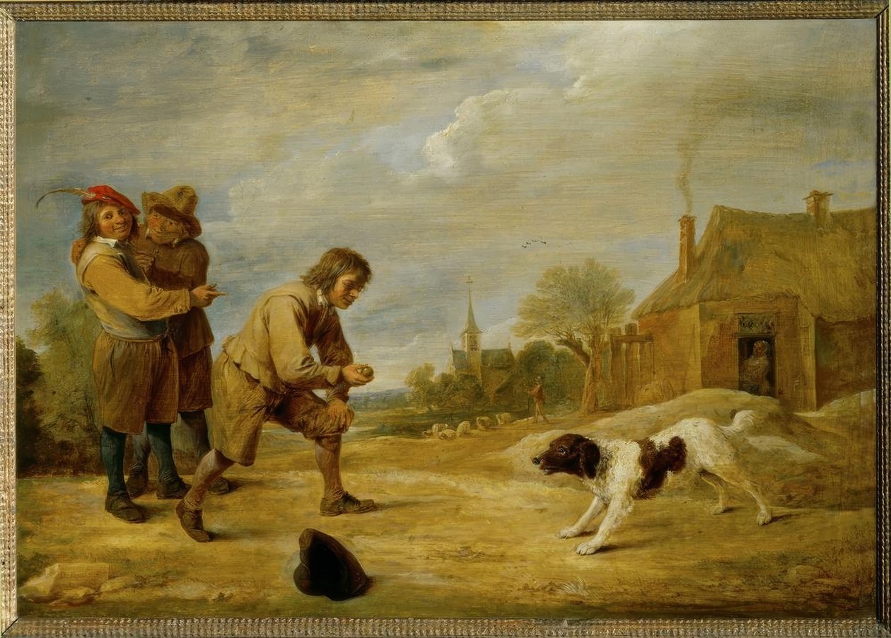Gårdsdreng med en hund af David Teniers the Younger