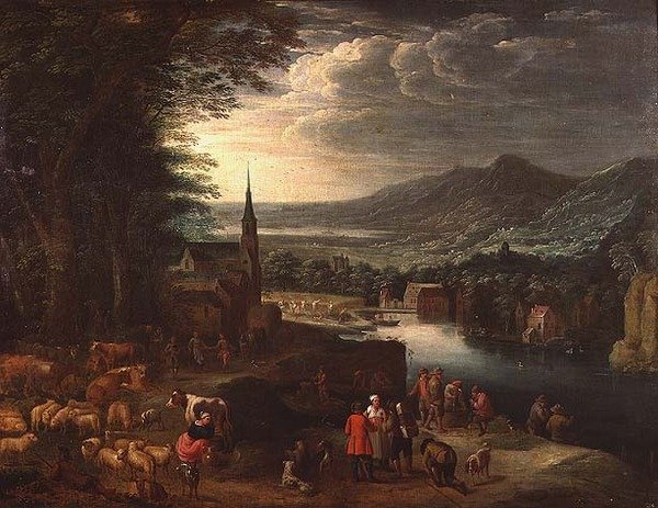 Et vidtstrakt bjerglandskab af David Teniers the Younger