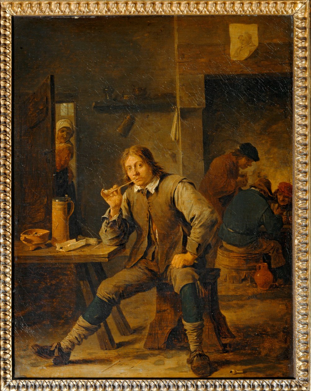 En ryger læner sig op ad et bord ... af David the Younger Teniers