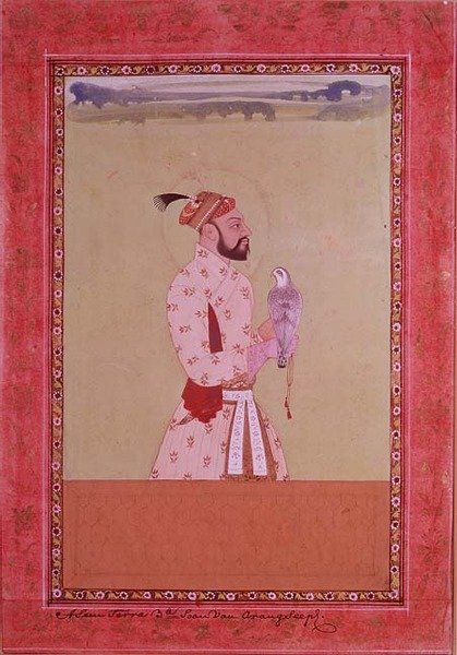 I.S.227-1950 Azam Shahr, tredje søn af kejser Aurangzeb, med en falk i hånden, Golconda, ca.1680 (gouache med blomsterkant) af Deccani School