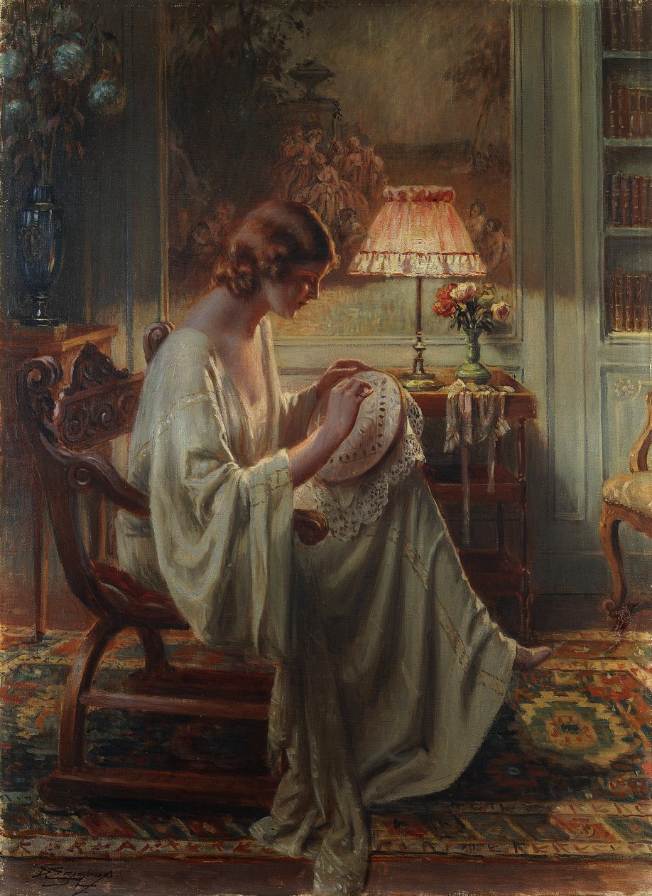 En dame, der syr i et interiør af Delphin Enjolras