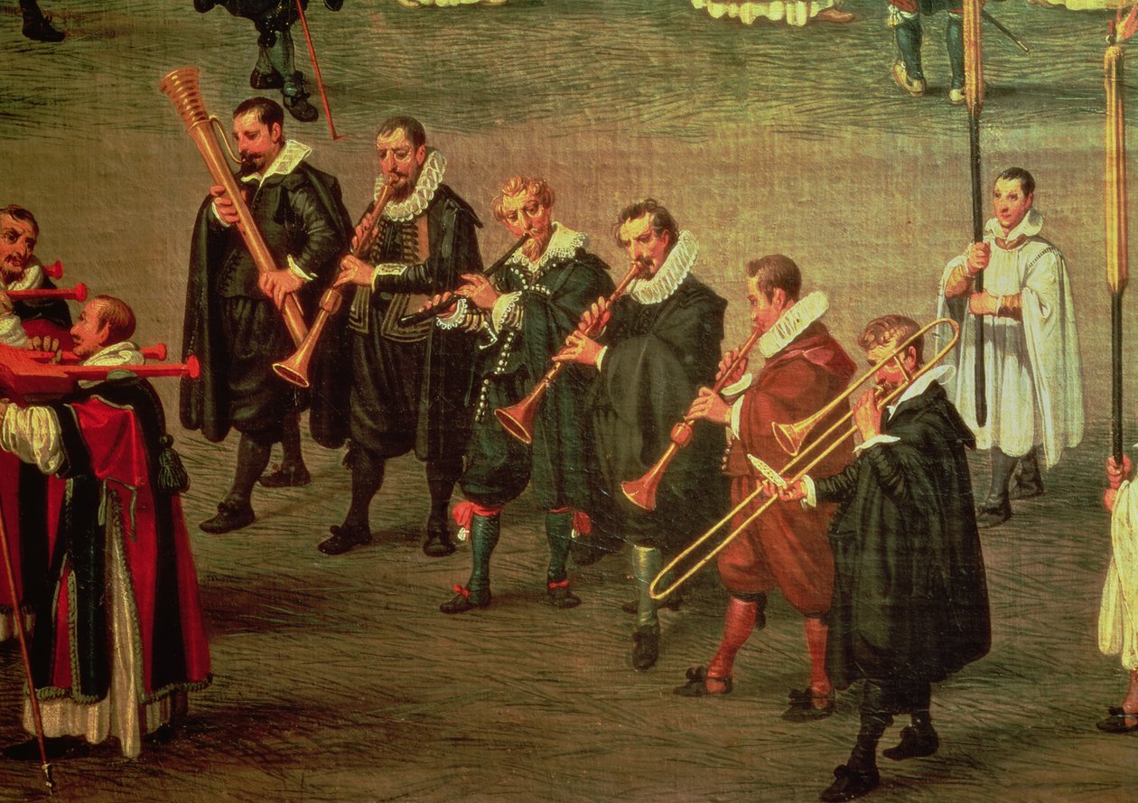 Musikere, der deltager i The Ommeganck i Bruxelles den 31. maj 1615: Procession af Notre Dame de Sablon (se 59846) af Denys van Alsloot