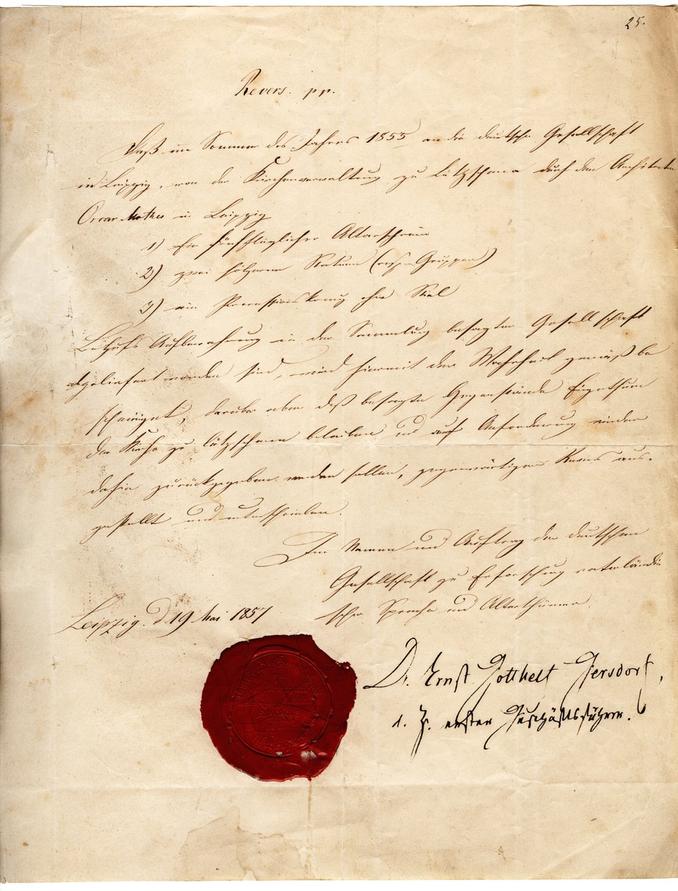 Revers af en -samfundet til forskning i patriotisk sprog og antikviteter for Lützschena sogn fra 19. maj 1857 af Deutsche Gesellschaft zu Erforschung vaterländischer Sprache und Alterthümer