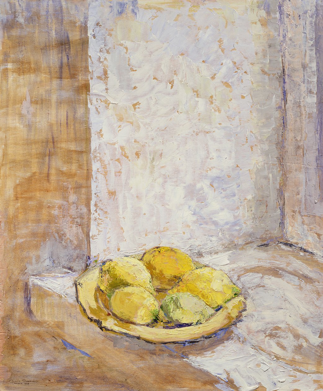 Citroner i vindueskarmen, 1993 (tavle) af Diana Schofield
