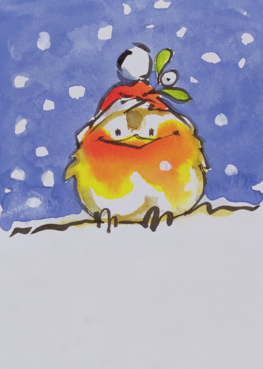 Christmas Robin (wc og blæk på papir) af Diane Matthes