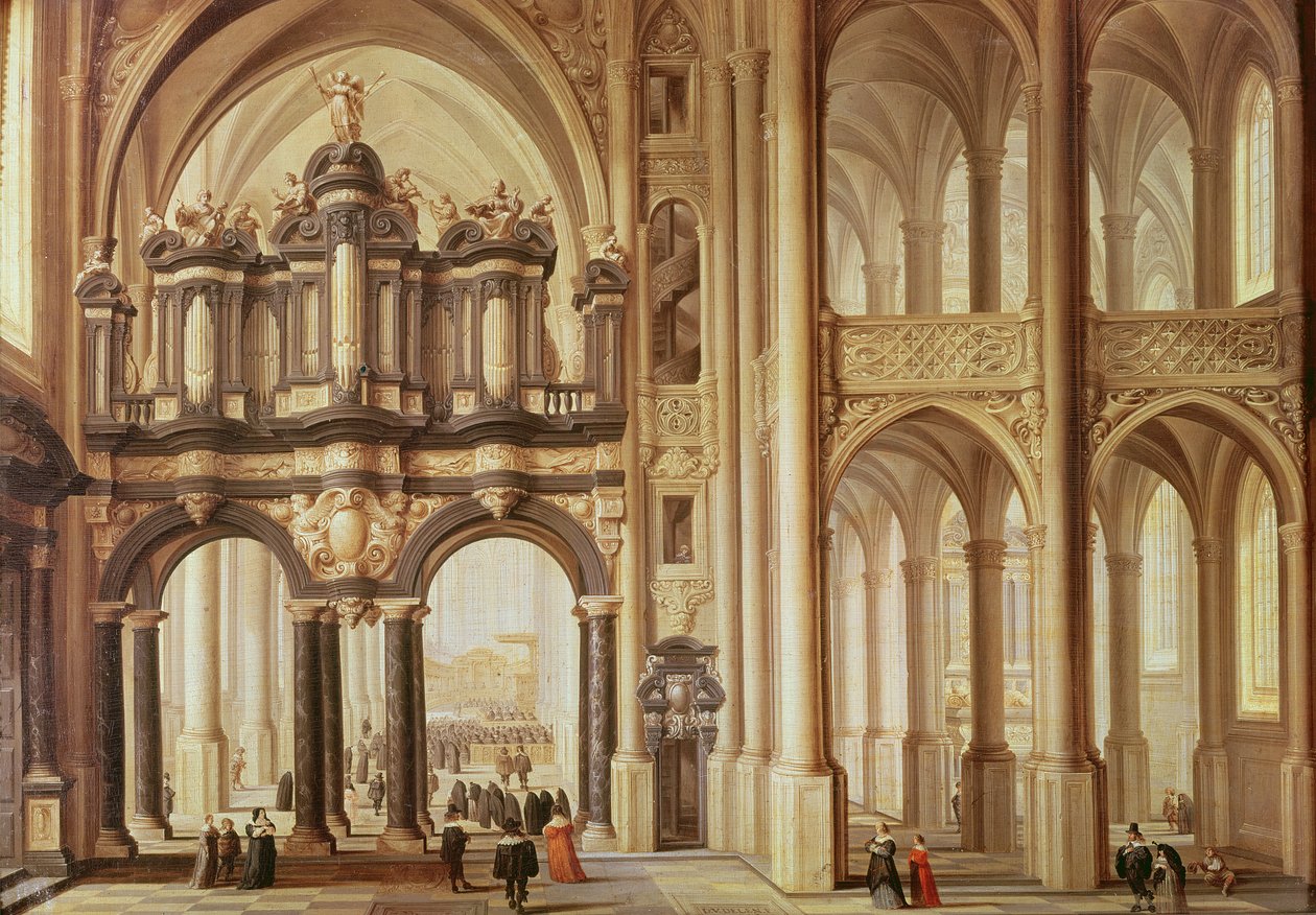 Det indre af en kirke af Dirck van Delen