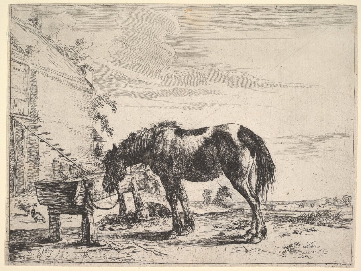 Hest bundet til et fodertrug. af Dirck Stoop