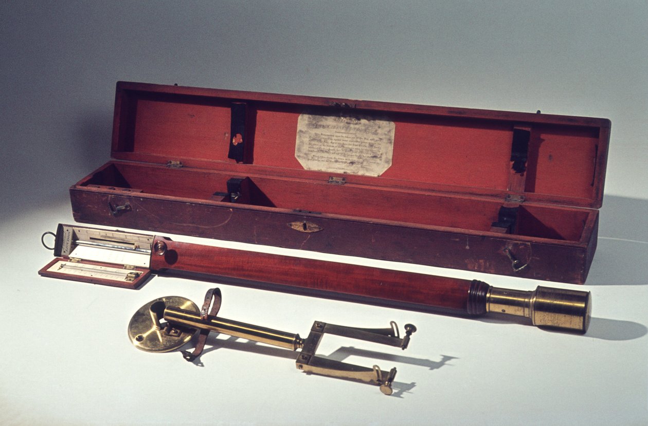 Marinebarometer med vægstøtte og kardan, i trækasse med instruktioner, ca. 1820 (mahogni & messing) af Dollond
