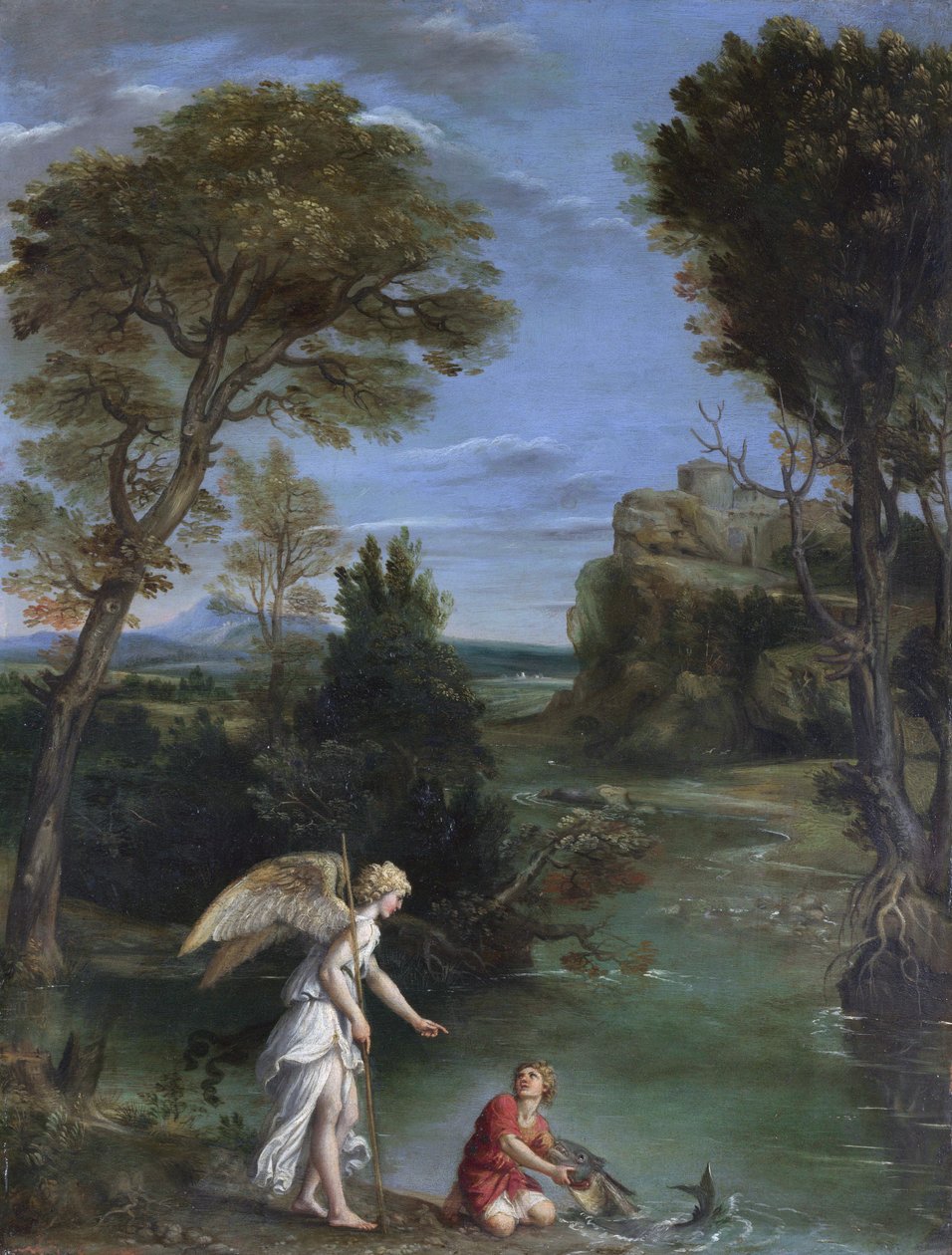 Landskab med Tobias, der holder fast i fisken af Domenichino
