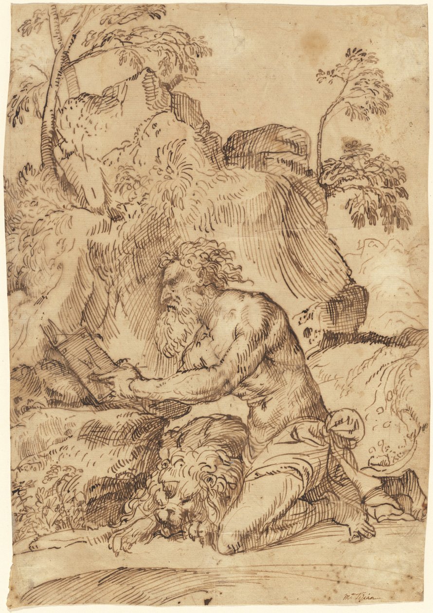 Sankt Jerome læser i ørkenen af Domenico Campagnola