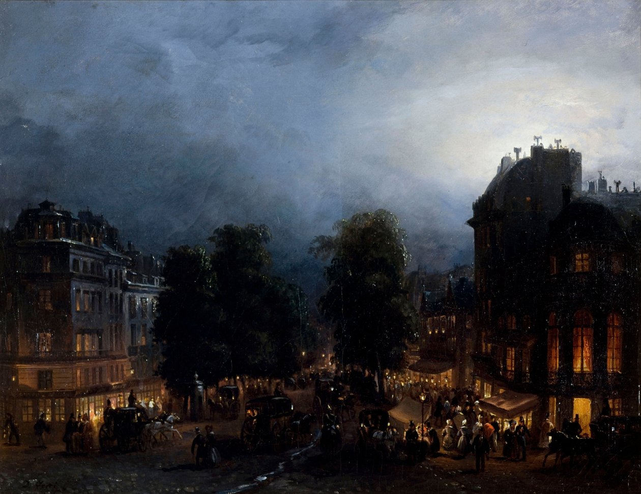 Boulevard des Italiens om natten, ca 1835. af Domenico Ferri