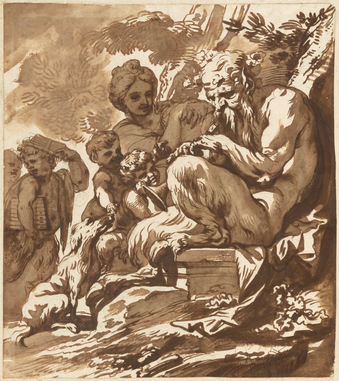 En Satyr, der underholder sin familie af Domenico Piola