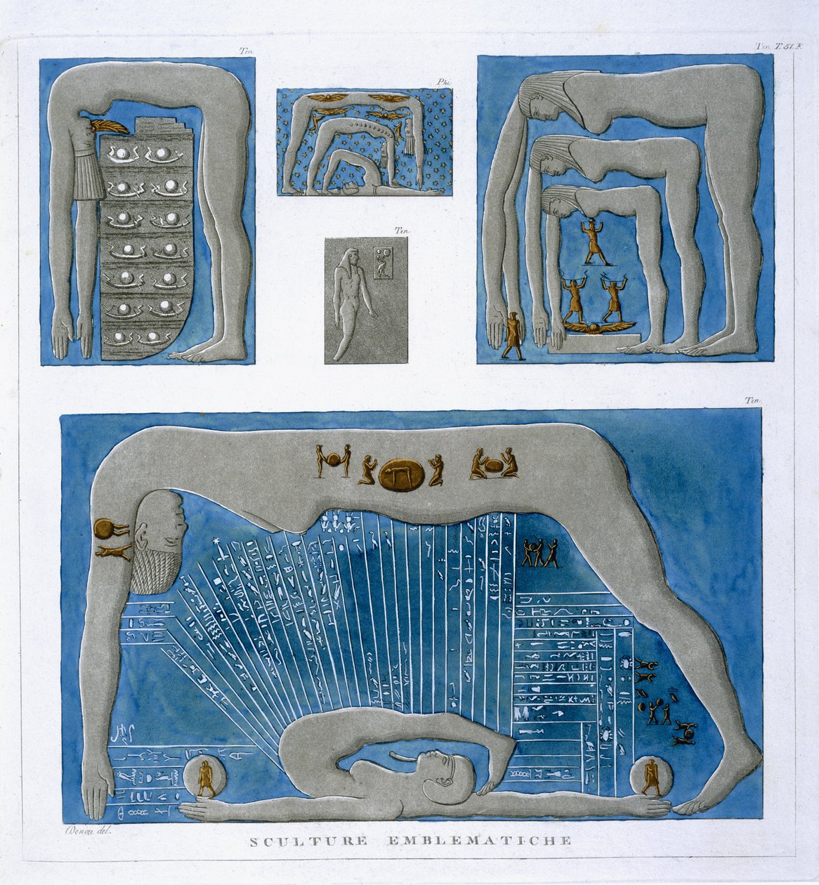 Emblatiske relieffer om skabelsesmyter, fra "Voyage dans la Basse et la Haute-Egypte", 1802 af Dominique Vivant Denon