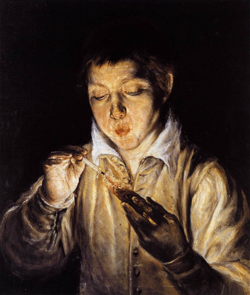 En dreng blæser på et gløde for at tænde et lys af El Greco