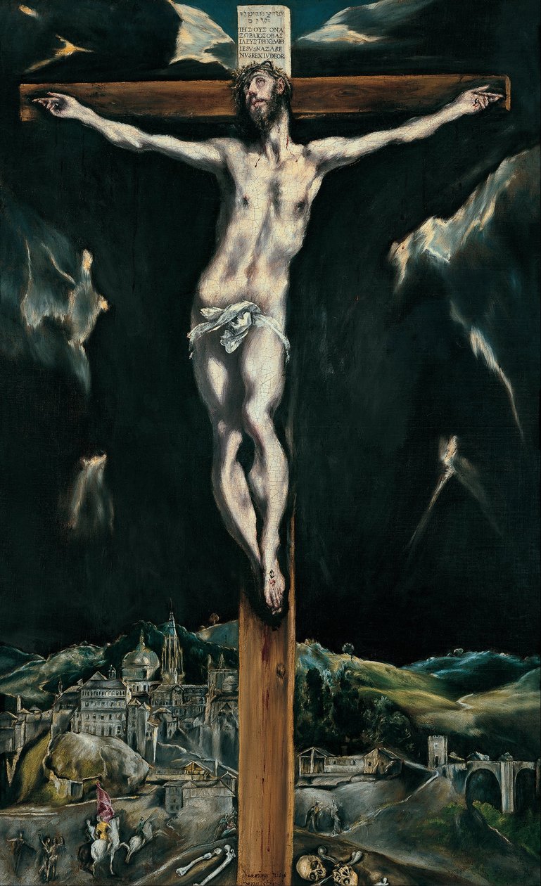 Kristus korsfæstet med Toledo i baggrunden af El Greco