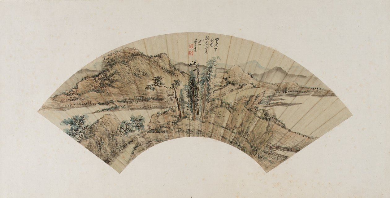 Bjerglandskab, Qing-dynastiet, 1754 (blæk og farve på papir) af Dong Bangda