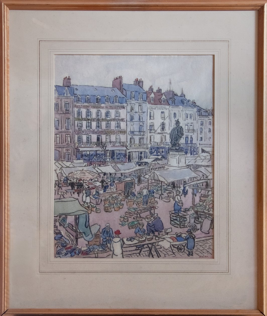 Markedsdag i Dieppe, ca. 1910 (sort farveblyant & wc på papir) af Douglas Fox Pitt