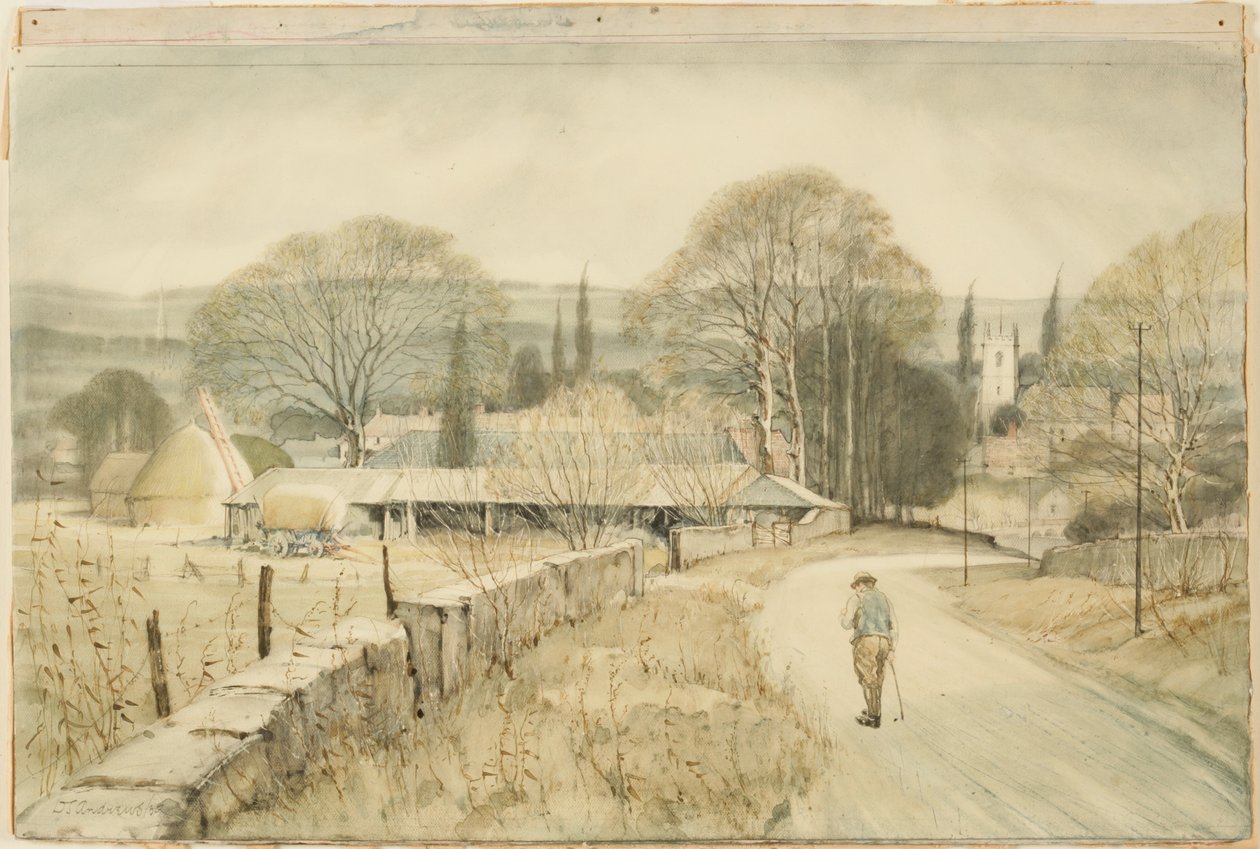 Islip, nær Oxford (blyant & wc på papir, klistret på bord) af Douglas Sharpus Andrews