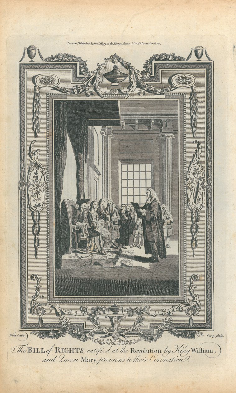 Den lov om rettigheder, som kong William og dronning Mary ratificerede under revolutionen før deres kroning af Samuel Wale
