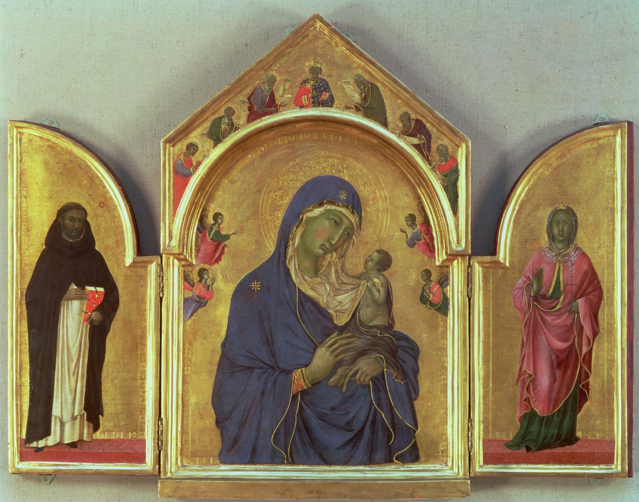 Madonna og barn med SS. Dominikus og Aurea, ca. 1315 (tempera på panel) (for detaljer se 26161) af Duccio di Buoninsegna