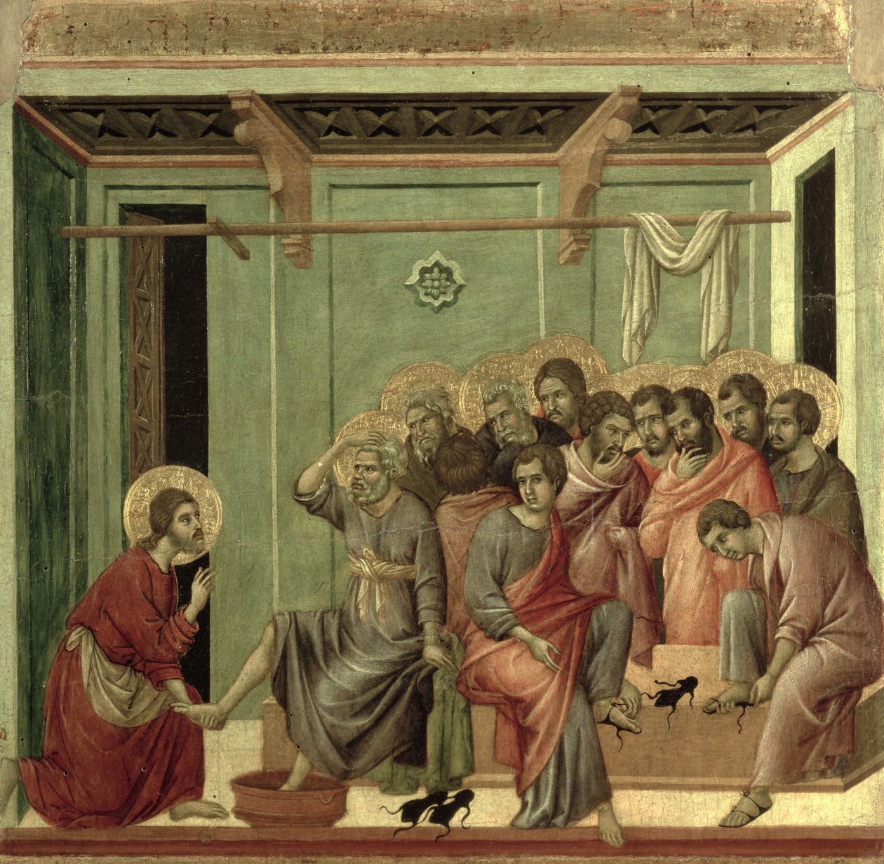 Maesta: Kristus vasker disciplenes fødder, 1308-11 af Duccio di Buoninsegna