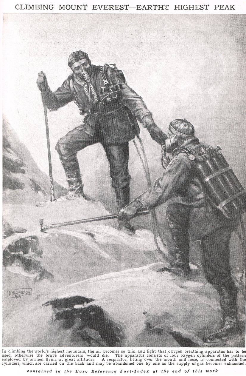 Bestigning af Mount Everest, illustration fra Newnes Pictorial Book of Knowledge, ca. 1920 af Duncan McPherson